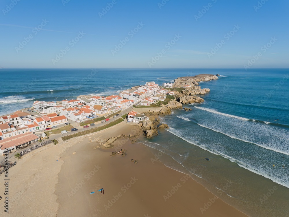Aerial view of the cliff coastline of Atlantic Ocean. Baleal, Peniche, Portugal.
