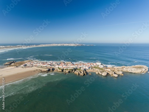 Aerial view of the cliff coastline of Atlantic Ocean. Baleal, Peniche, Portugal. 