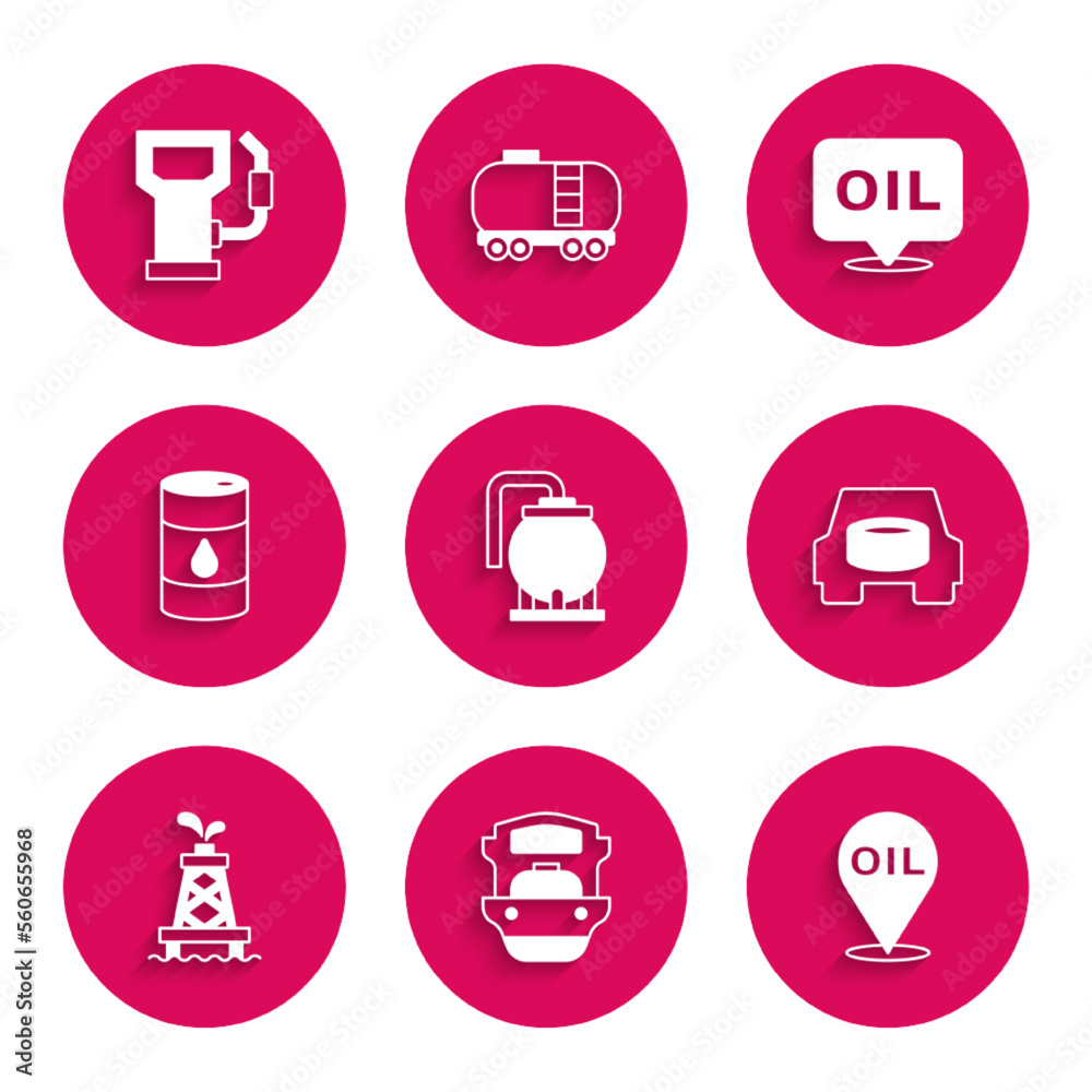 Set Oil tank storage, tanker ship, Refill petrol fuel location, Spare wheel in the car, rig, Barrel oil, Word and Petrol gas station icon. Vector Set Oil tank storage, tanker ship, Refill petrol fuel location, Spare wheel in the car, rig, Barrel oil, Word and Petrol gas station icon. Vector