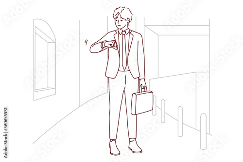 Young businessman in suit look at watch checking time. Male employee or worker think of meeting deadline or missing appointment. Time management. Vector illustration. 