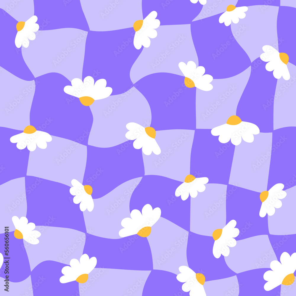 Distorted checkered with daisy flowers seamless pattern. Groovy 1970 retro grid psychedelic background. 1990 aesthetic vibe. Funky y2k square templates.