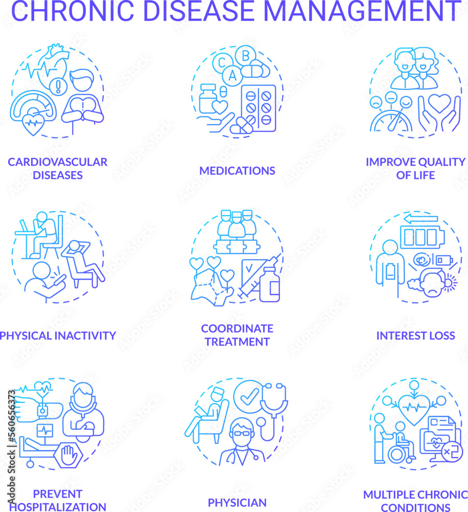 Chronic disease management blue gradient concept icons set. Lifestyle and treatment. Medical care idea thin line color illustrations. Isolated symbols. Roboto-Medium, Myriad Pro-Bold fonts used