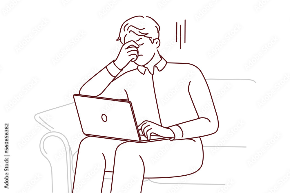 Unhealthy man sit on sofa work on computer suffer from headache. Unwell tired male with laptop struggle with overwork or health problems. Vector illustration. Unhealthy man sit on sofa work on computer suffer from headache. Unwell tired male with laptop struggle with overwork or health problems. Vector illustration.