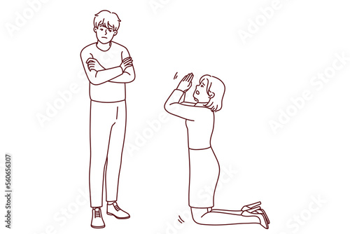 Woman kneel ask forgiveness from man. Female stand on knees beg stubborn offended male to forgive. Relationship problems. Vector illustration. 