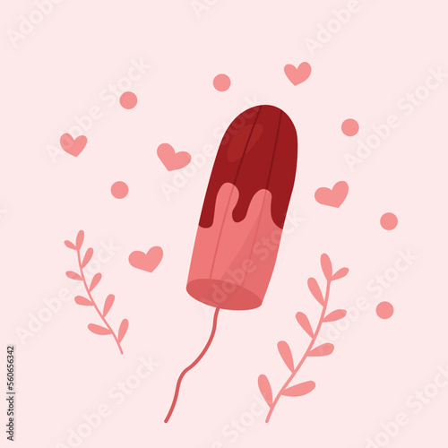Menstrual period bloody used tampon in pink color cartoon style. Female ovulation and fertility.
