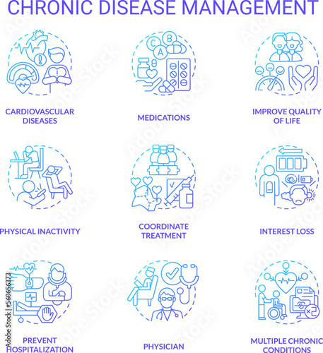 Chronic disease management blue gradient concept icons set. Lifestyle and treatment. Medical care idea thin line color illustrations. Isolated symbols. Roboto-Medium, Myriad Pro-Bold fonts used