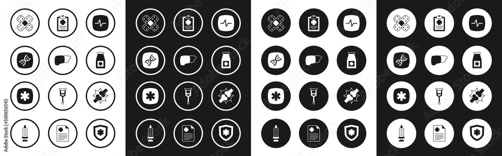Set Heart rate, Human organ liver, DNA symbol, Crossed bandage plaster, Medicine bottle pills, Patient record, Joint pain, knee pain and Emergency - Star of Life icon. Vector Set Heart rate, Human organ liver, DNA symbol, Crossed bandage plaster, Medicine bottle pills, Patient record, Joint pain, knee pain and Emergency - Star of Life icon. Vector