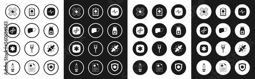 Set Heart rate, Human organ liver, DNA symbol, Crossed bandage plaster, Medicine bottle pills, Patient record, Joint pain, knee pain and Emergency - Star of Life icon. Vector