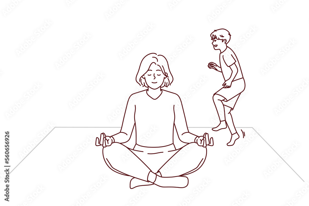 Calm young mom meditate at home with child playing near. Relaxed woman sit in lotus position practice yoga distracted from naughty kid. Vector illustration. 