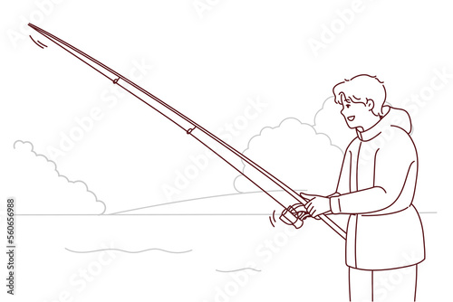 Man with rod fishing in nature landscape. Smiling fisherman in outerwear enjoy fishing hobby outdoors. Vector illustration. 