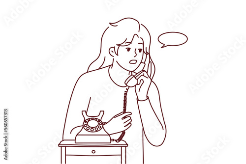 Young woman speak on old corded phone at home. Female have conversation on landline telephone. Communication and call. Vector illustration. 
