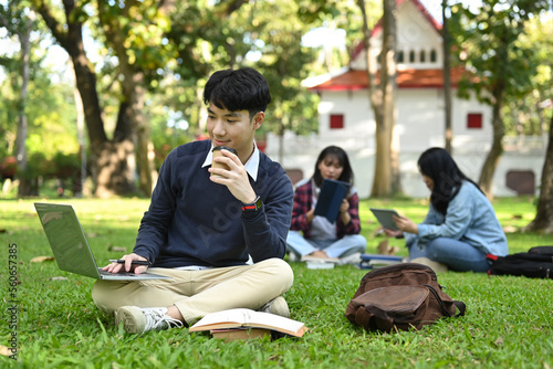 Smiling young asian man sitting on campus lawn and working on laptop computer. Education and lifestyle concept