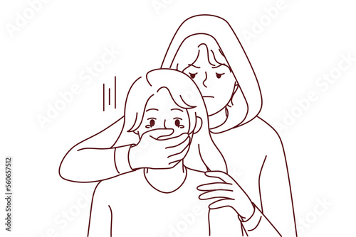 Man in hood close scared woman mouth with hand. Male criminal or offender attack terrified female. Concept of kidnapping and crime. Vector illustration. 