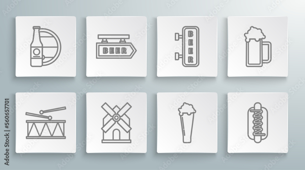 Set line Musical instrument drum and drum sticks, Street signboard with inscription Beer, Windmill, Glass of beer, Hotdog sandwich mustard, and bottle wooden barrel icon. Vector Set line Musical instrument drum and drum sticks, Street signboard with inscription Beer, Windmill, Glass of beer, Hotdog sandwich mustard, and bottle wooden barrel icon. Vector