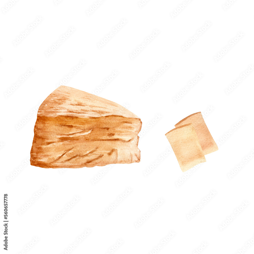 Parmesan hard cheese block and slices. Watercolor illustration isolated on white background Parmesan hard cheese block and slices. Watercolor illustration isolated on white background