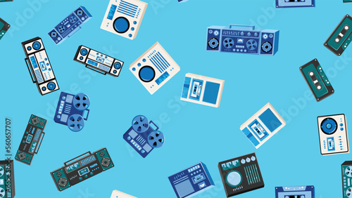 Seamless pattern endless with music audio tech electronics equipment old retro vintage hipster from 70s, 80s, 90s isolated on blue background. Vector illustration