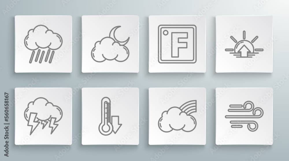 Set line Storm, Cloud with moon and stars, Thermometer, Rainbow clouds, Wind, Fahrenheit, Sunrise and rain icon. Vector Set line Storm, Cloud with moon and stars, Thermometer, Rainbow clouds, Wind, Fahrenheit, Sunrise and rain icon. Vector
