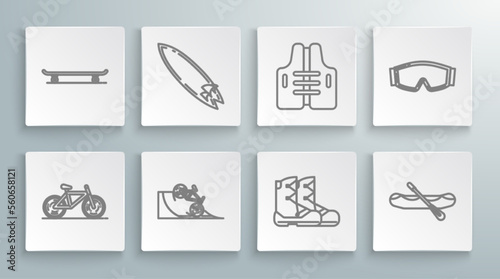 Set line Bicycle, Surfboard, on street ramp, Boots, Rafting boat, Life jacket, Ski goggles and Skateboard icon. Vector