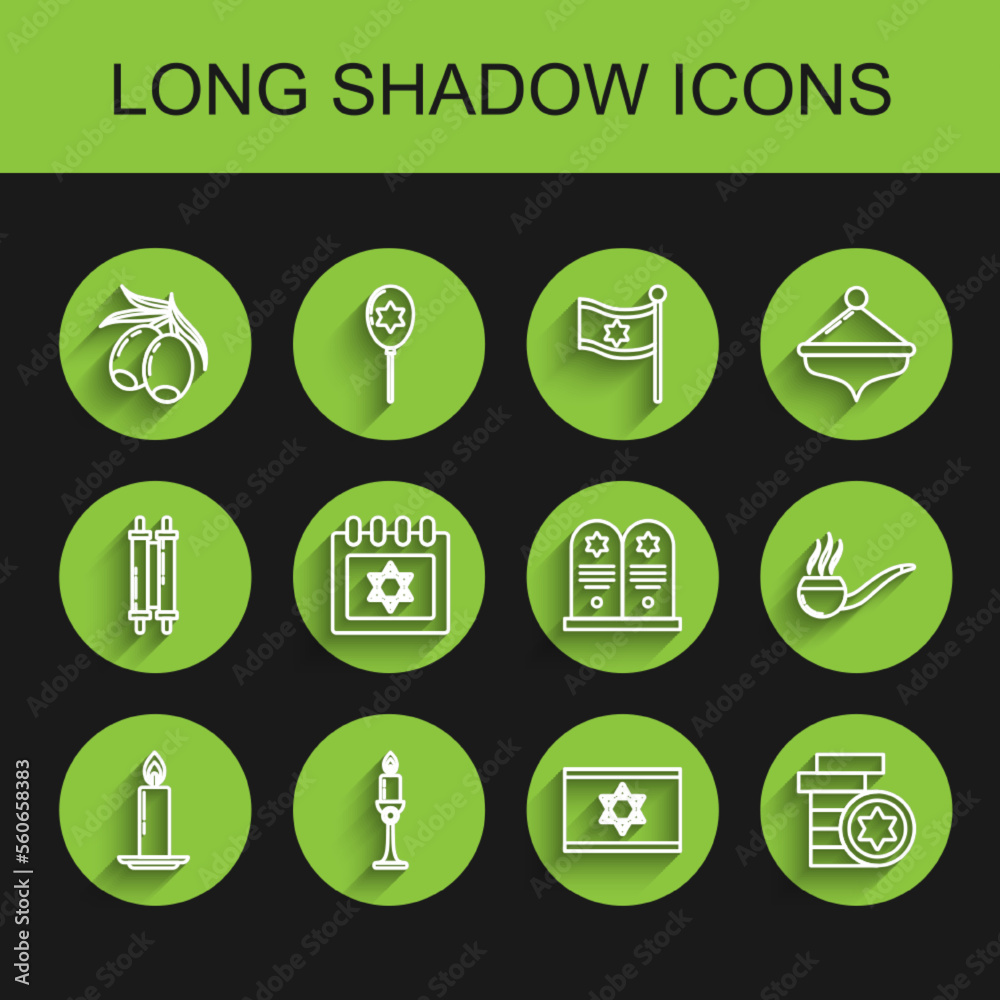 Set line Burning candle in candlestick, Olives branch, Flag of Israel, Jewish coin, calendar with star david, Smoking pipe smoke and Tombstone icon. Vector Set line Burning candle in candlestick, Olives branch, Flag of Israel, Jewish coin, calendar with star david, Smoking pipe smoke and Tombstone icon. Vector