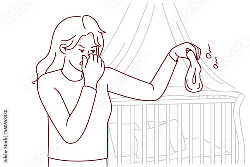 Unhappy young mother close nose feeling disgust holding stinky baby diaper. Distressed mom disgusted with smelly child diaper. Vector illustration. 