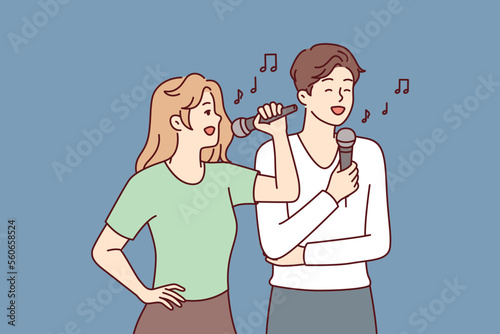 Man and woman with microphones perform song while enjoying karaoke break on day off. Couple of guy and girl dream of becoming famous singers, train performance of famous songs. Flat vector image
