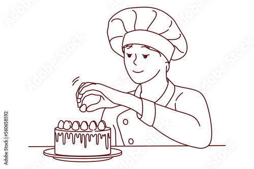 Smiling pastry chef decorating cake with fruits. Happy female baker finishing dessert with raspberries. Cuisine and bakery concept. Vector illustration. 