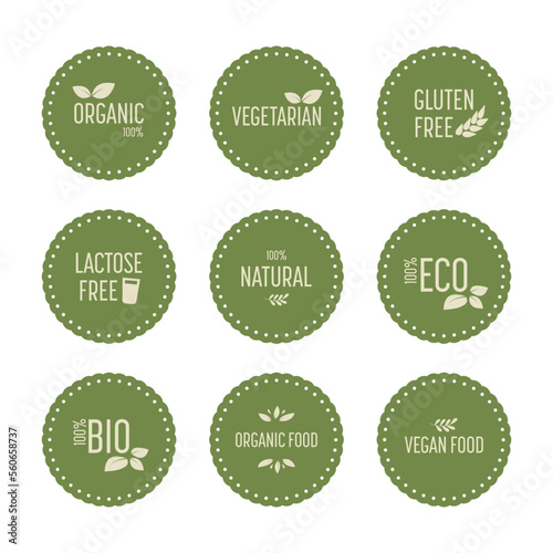 Healthy organic green icons. Gluten free, lactose free, vegan and vegetarian, vector illustration