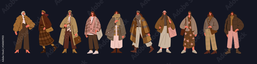 Woman in fashion apparels set. Modern girl wearing trendy clothes in casual street style. Spring and fall looks, outfits with coats, fur, jacket, cardigan. Isolated flat graphic vector illustrations