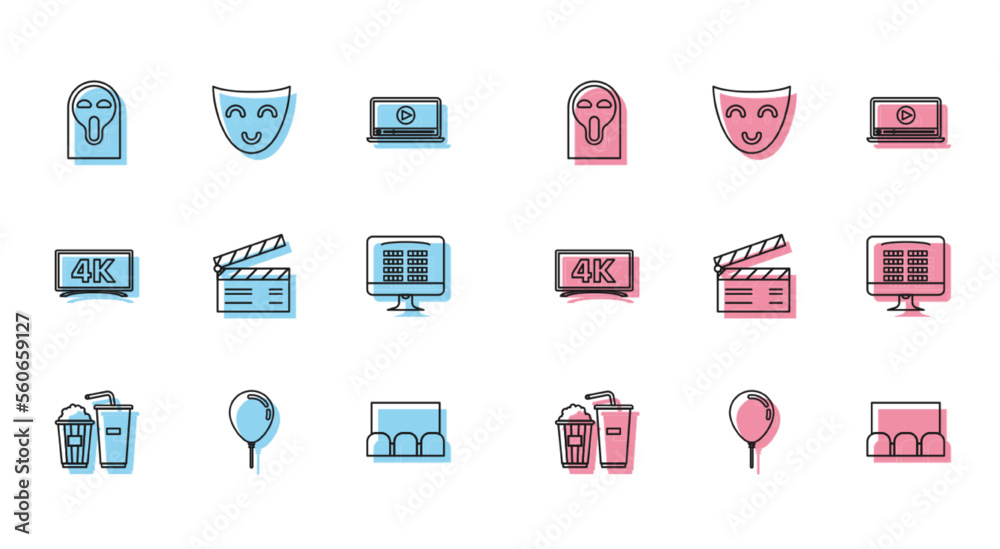 Set line Popcorn and soda drink glass, Balloon with ribbon, Funny scary ghost mask, Movie clapper, Buy cinema ticket online, and Comedy theatrical icon. Vector Set line Popcorn and soda drink glass, Balloon with ribbon, Funny scary ghost mask, Movie clapper, Buy cinema ticket online, and Comedy theatrical icon. Vector