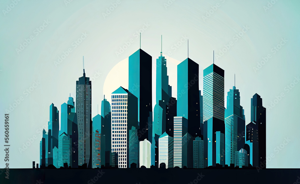 Simple flat city skyline with skyscrapers as background illustration (Generative AI)