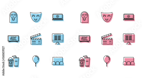 Set line Popcorn and soda drink glass, Balloon with ribbon, Funny scary ghost mask, Movie clapper, Buy cinema ticket online, and Comedy theatrical icon. Vector