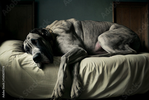 Beautiful grey Great Dane sleeping on a bed, generative AI, digital art