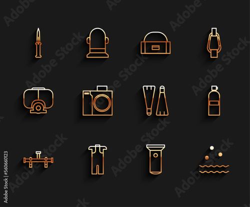 Set line Manifold, Wetsuit for scuba diving, Army knife, Flashlight, Cold and waves, Photo camera diver, Aqualung and Rubber flippers swimming icon. Vector