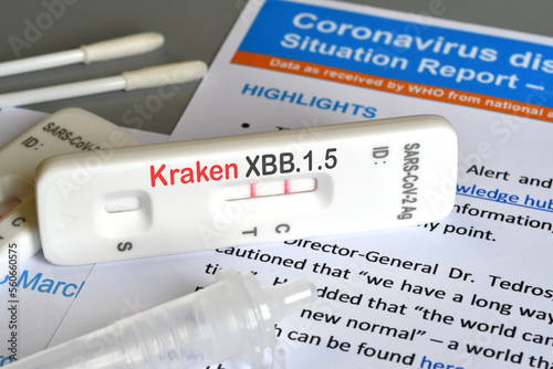 SARS‑CoV‑2 antigen test kit for self testing with positive result and text Kraken XBB.1.5. Close-up. Concept for the new Covid 19 Kraken Variant photo