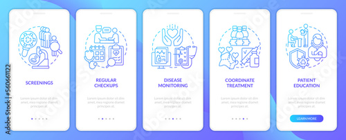 Chronic disease management approach blue gradient onboarding mobile app screen. Walkthrough 5 steps graphic instructions with linear concepts. UI, UX, GUI template. Myriad Pro-Bold, Regular fonts used