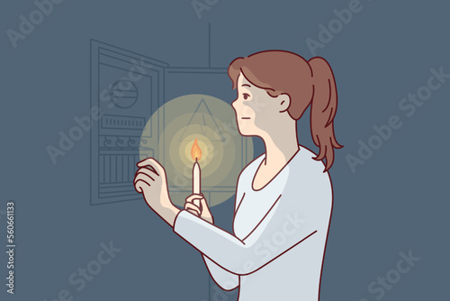 Independent woman with burning candle approaches power shield to find out reason for energy outage. Girl restores electrical wiring with own hands after loss of electricity. Flat vector illustration 