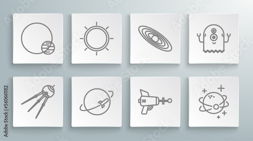 Set line Satellite, Sun, Planet, Ray gun, Alien and icon. Vector