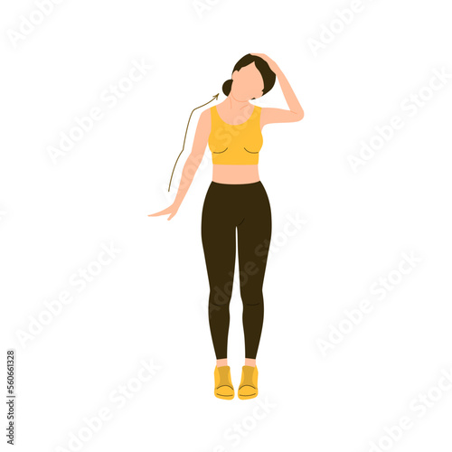 Woman demonstrates how to do trapezius and neck stretching. Vector flat illustration. Female exercise isolated on white background. Athletic girl doing exercises