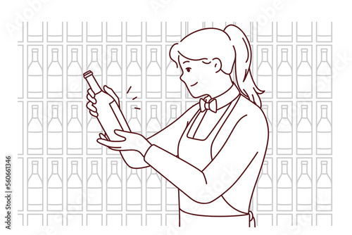 Smiling waitress in apron choosing wine in cellar. Happy female sommelier make choice about drink in restaurant. Vector illustration. 