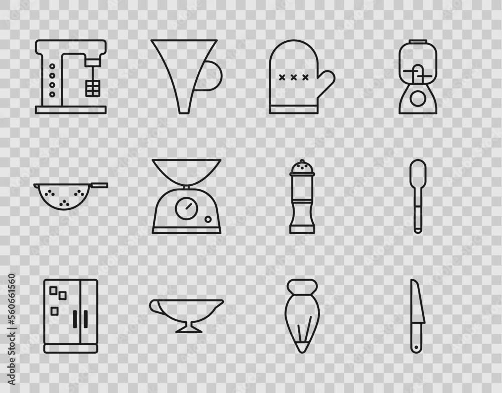 Set line Refrigerator, Knife, Oven glove, Sauce boat, Electric mixer, Scales, Pastry bag for decorate cakes and Spoon icon. Vector Set line Refrigerator, Knife, Oven glove, Sauce boat, Electric mixer, Scales, Pastry bag for decorate cakes and Spoon icon. Vector
