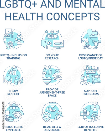 LGBTQ and mental health turquoise concept icons set. Acceptance. Inclusion idea thin line color illustrations. Isolated symbols. Editable stroke. Roboto-Medium, Myriad Pro-Bold fonts used