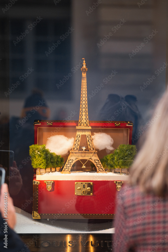 Paris, France - December 29, 2022: Christmas windows Louis Vuitton