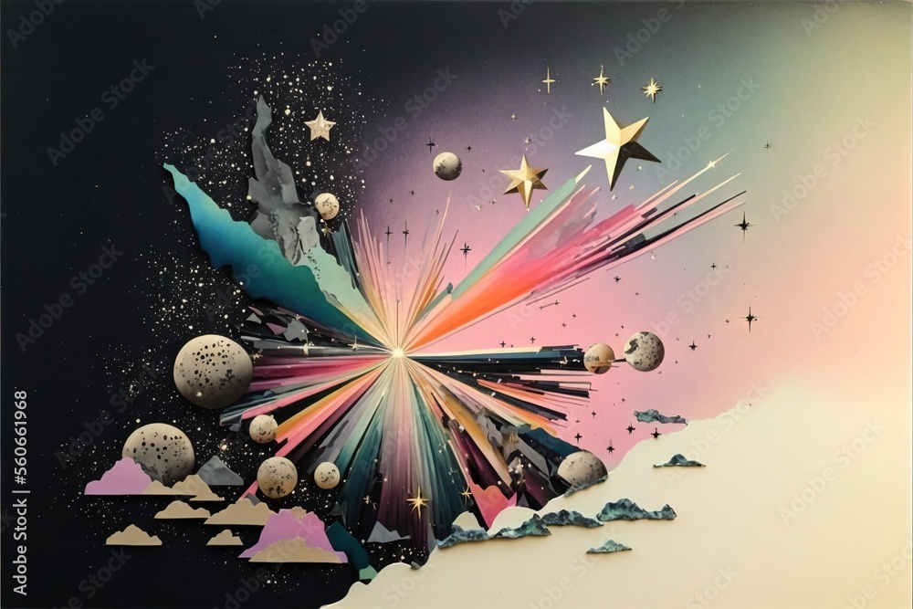 a painting of a space scene with stars and planets in the sky and a ...