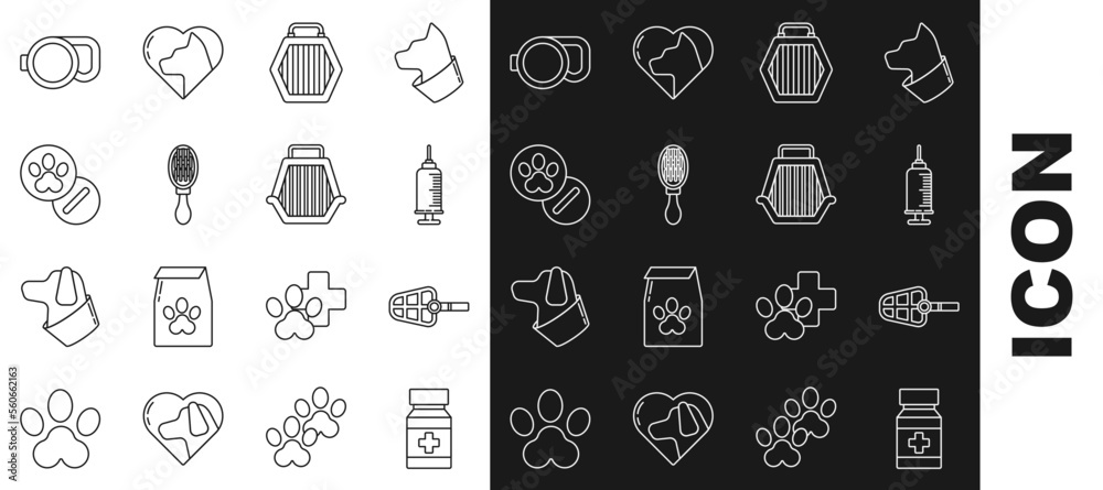Set line Dog medicine bottle and pills, muzzle, Syringe with pet vaccine, Pet carry case, Hair brush for dog cat, Retractable cord leash and icon. Vector Set line Dog medicine bottle and pills, muzzle, Syringe with pet vaccine, Pet carry case, Hair brush for dog cat, Retractable cord leash and icon. Vector