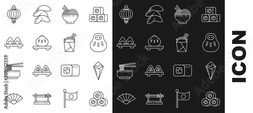 Set line Sushi, Temaki roll, Maneki neko cat, Asian noodles in bowl and chopsticks, Dumpling on cutting board, Japanese paper lantern and box icon. Vector