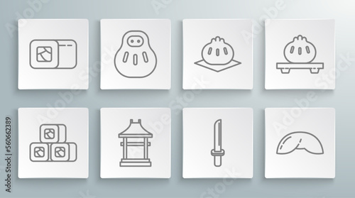 Set line Sushi, Maneki neko cat, Japan Gate, Japanese katana, Chinese fortune cookie, Khinkali on cutting board, Dumpling and icon. Vector