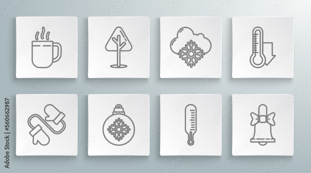 Set line Pair of knitted christmas mittens, Christmas tree, ball, Meteorology thermometer measuring, Merry ringing bell, Cloud with snow, and Coffee cup icon. Vector Set line Pair of knitted christmas mittens, Christmas tree, ball, Meteorology thermometer measuring, Merry ringing bell, Cloud with snow, and Coffee cup icon. Vector