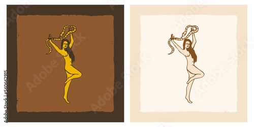 Goddess woman with snake in hands boho illustration