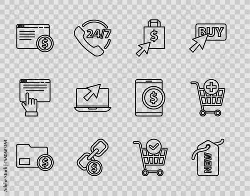 Set line Envelope with coin dollar, Price tag New, Shoping bag and, Chain link, Online shopping on screen, Laptop cursor, Shopping cart check mark and Add icon. Vector