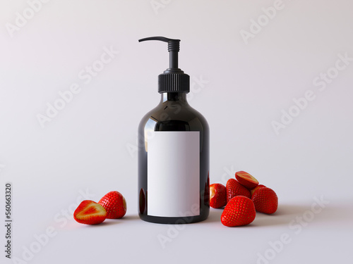 Cuadro en lienzo Natural shower gel with strawberry, dark plastic bottle for gel mockup with ripe strawberries, clear space for your label, 3d render illustration mock up